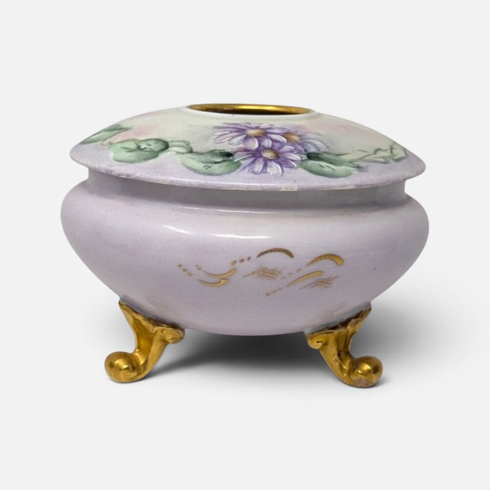 Antique Royal Austria Hand Painted Porcelain Footed Floral Hair Receiver